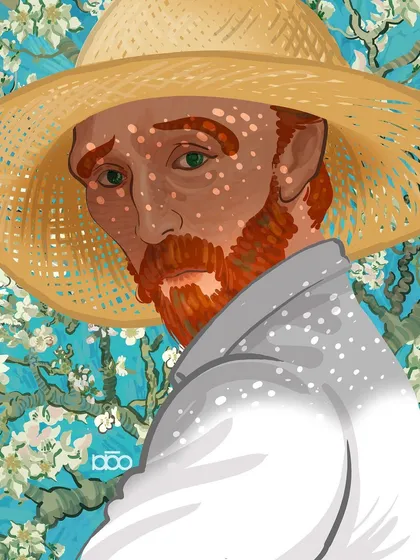 A close-up portrait of Vincent, his face dappled with light as if he is part of the "Almond Blossom" painting behind him. It’s a piece about the artist merging with his creation, becoming one with the beauty he captures.