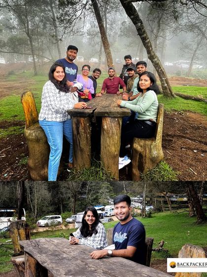 Enjoying the unique wooden seating in the pine forests of Kodaikanal.