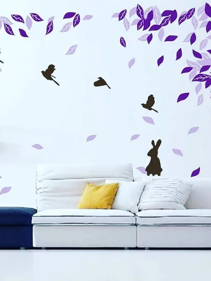 A whimsical nature scene with falling purple leaves and silhouettes of birds and a rabbit. This design adds a sense of movement and fantasy to a modern living space.