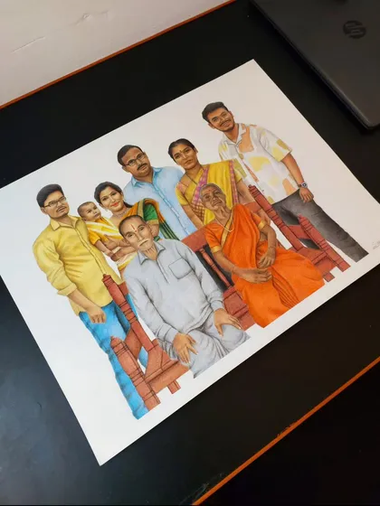 This family portrait was a special challenge that I loved. The client from Telangana gave me separate photos, and I combined them into this single, cohesive colour pencil sketch on A2 size paper, bringing the whole family together in one frame.