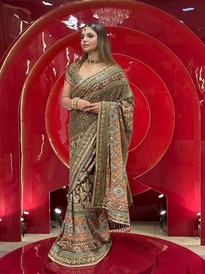 Get this royal saree in your wardrobe. The beautiful drape and detailed border make it a truly special piece for any grand occasion.