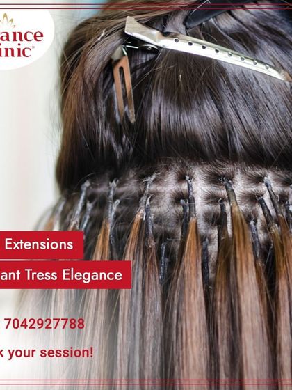 This close-up shows the secure bonds of the hair extensions. The radiant tress elegance comes from using quality hair and applying it with expert care.