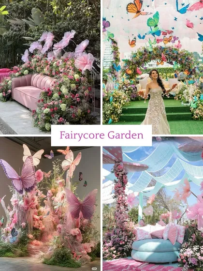 **Mehendi Theme: Fairycore Garden.** A dreamy and ethereal theme with pastel florals, oversized butterflies, and soft drapery to create a magical, enchanted garden for your Mehendi.