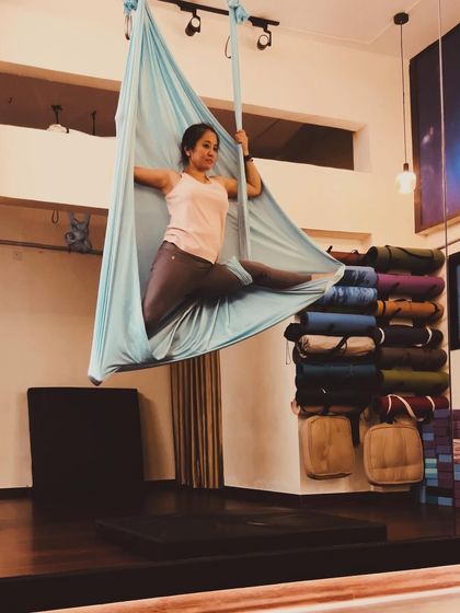 With every practice, I fall more in love with the process. This seated split in the hammock is a great way to work on hip flexibility while feeling fully supported.