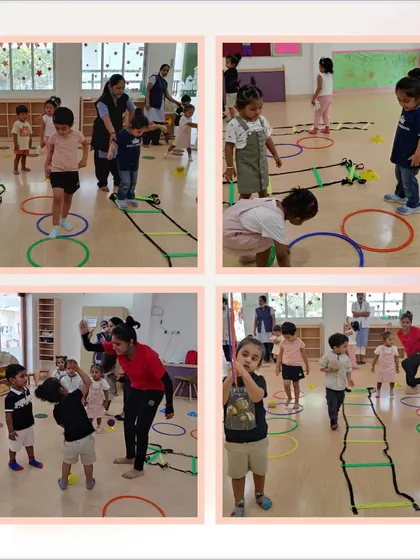 Here you can see a variety of stations set up for our sports activities. We keep things dynamic and engaging by rotating through different challenges that target different muscle groups and skills.