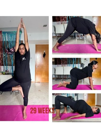 At 29 weeks, this mama is practicing a range of movements, including Downward-Facing Dog, Cat-Cow, and Bridge Pose to relieve back tension.