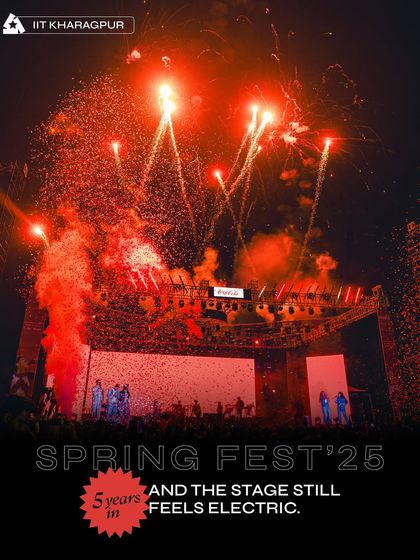 Five years of electric energy at Spring Fest. This shot captures the explosive finale with red-hued fireworks and confetti.