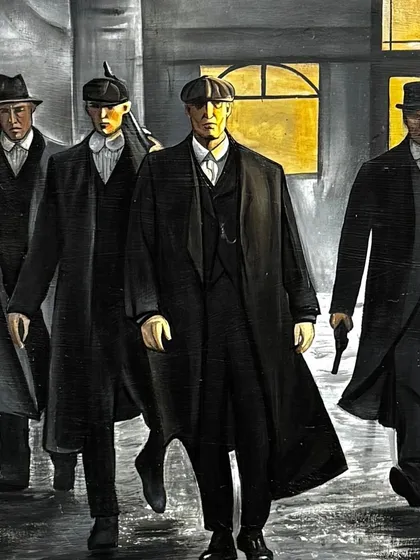 A close up on the central figures of the Peaky Blinders mural. I spent a lot of time on the expressions and clothing to capture the distinct personalities of the characters.