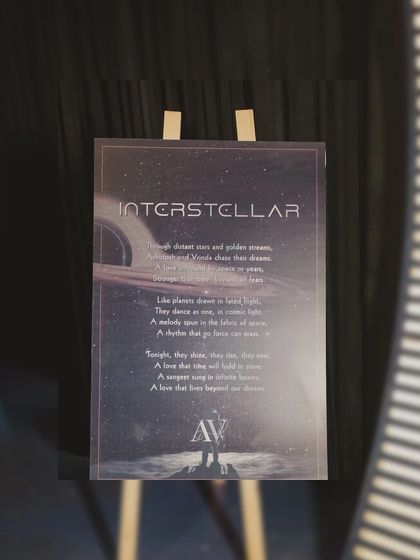 The 'Interstellar' themed welcome sign, designed like a movie poster to immediately immerse guests in the story of the night.