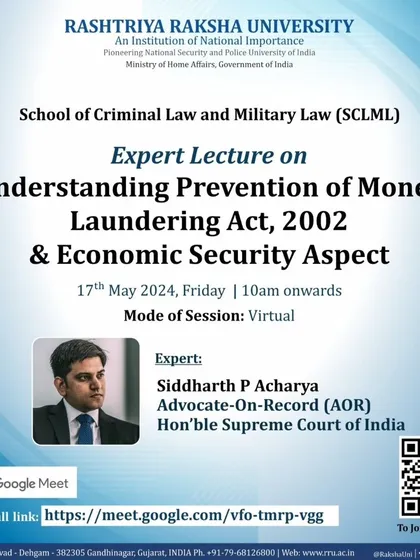 An invitation to speak on the Prevention of Money Laundering Act (PMLA) at Rashtriya Raksha University. I have deep experience in defending clients in complex economic offence cases and contributing to academic discourse on the subject.