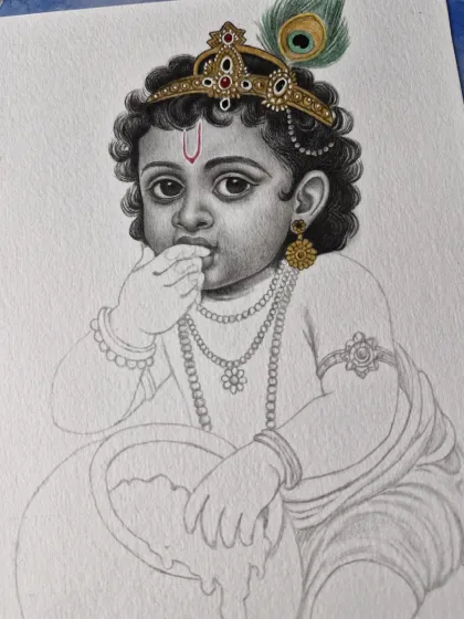 A work-in-progress sketch of Little Krishna, with hints of color on his crown and peacock feather. This shows how I build up layers and detail.