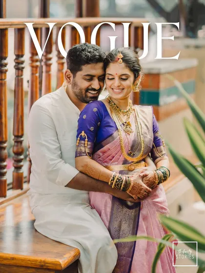 Your love story deserves to be on the cover. This creative, editorial-style portrait from a South Indian pre-wedding shoot adds a touch of high-fashion glamour to your memories.