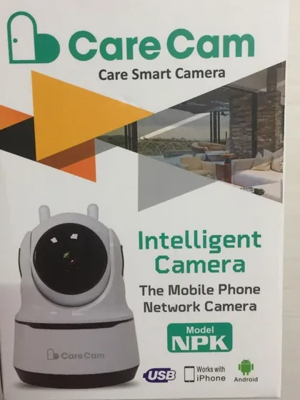 The packaging for the Care Cam Intelligent Camera. This model works with both iPhone and Android devices for remote video monitoring.
