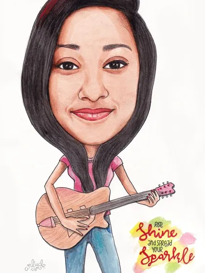 A personalized birthday caricature for a guitar player, with an uplifting message to 'Shine and Spread Your Sparkle'.