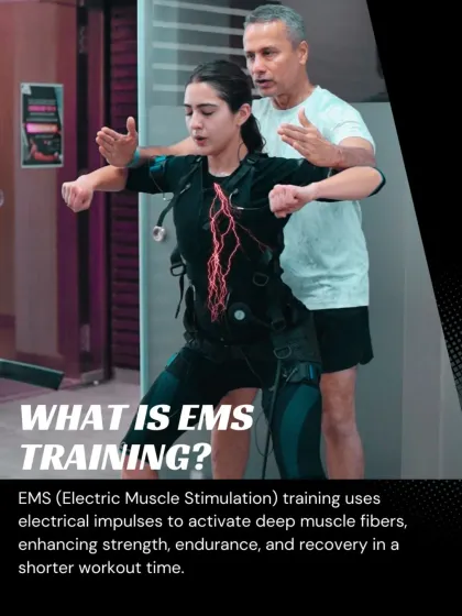 What is EMS training? This graphic explains the science. We use safe, controlled electrical impulses to activate deep muscle fibers, which enhances strength, endurance, and recovery in a much shorter time.