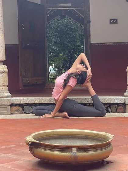 Ekapada Rajakapotasana, or One-Legged King Pigeon Pose, is a deep stretch for the entire front of the body, including the thighs, groin, and chest. This pose significantly improves hip flexibility and posture. The beautiful setting here always inspires a deeper connection.