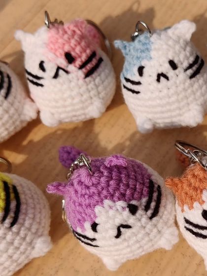 My collection of chubby cat keychains. These little guys come with different colored patches on their heads, including yellow, green, pink, blue, and grey.