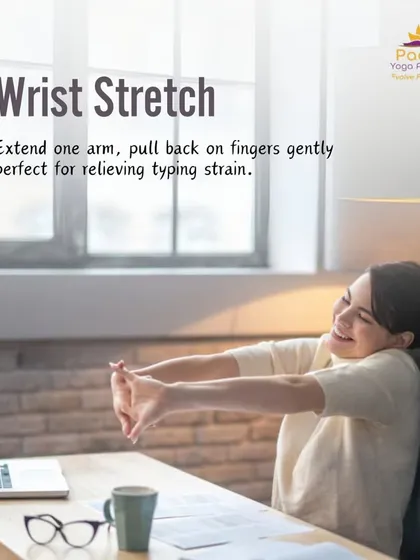 Relieve typing strain with a simple wrist stretch. Extend one arm and gently pull back on your fingers to stretch the forearm and wrist. Remember to do both sides.