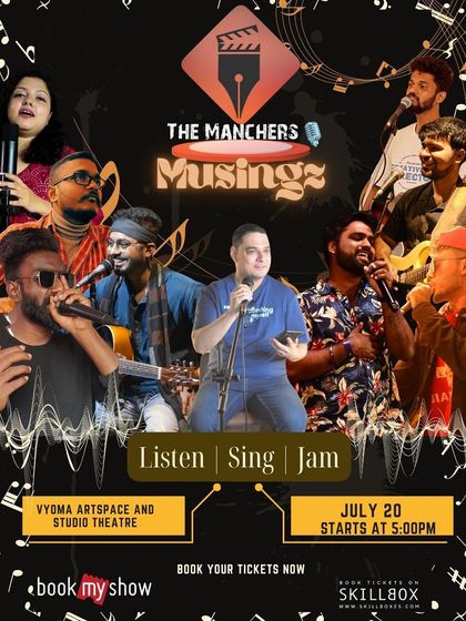 The poster for "MUSINGZ" by The Manchers, a curated musical celebration with performances, sing-alongs, and jam sessions across multiple languages.