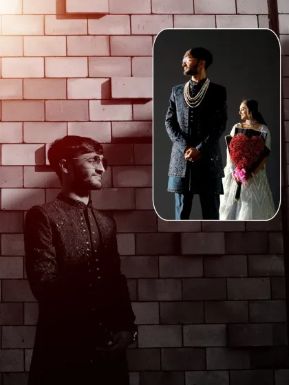 An example of a dramatic and artistic album layout. I used creative lighting and shadows to create a moody solo portrait of the groom, contrasted with a classic studio shot of the couple.