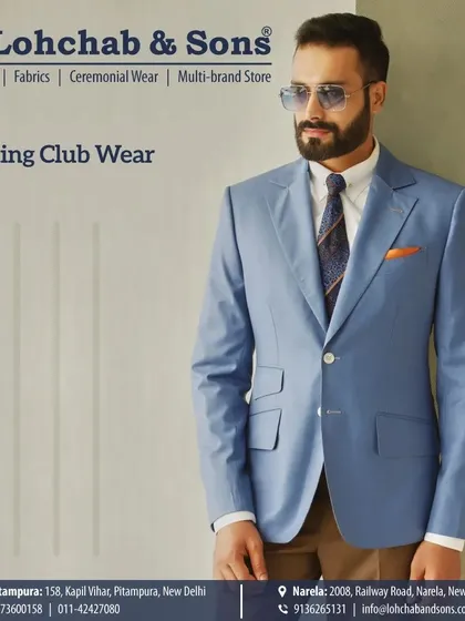 We offer exciting club wear for your social engagements. This light blue blazer provides a fresh and modern look that is perfect for an evening out, combining sharp tailoring with a contemporary color.