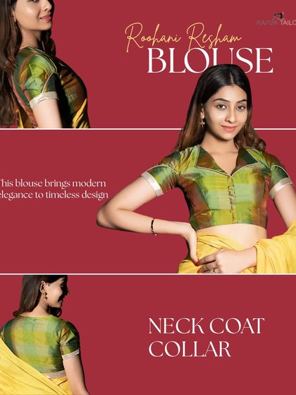 The Roshani Resham blouse brings modern elegance to a timeless design. I love the neck coat collar and the iridescent green silk fabric, which pairs beautifully with a bright yellow saree.