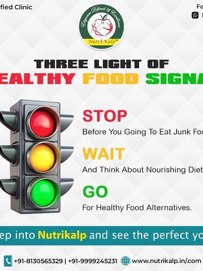 We use a simple traffic light analogy for healthy eating. Stop before eating junk food, wait and think about nourishing alternatives, and go for healthy choices.