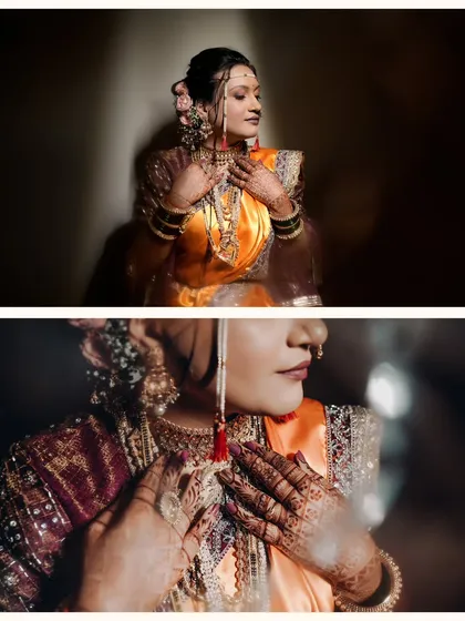 A diptych focusing on the bride's serene beauty and intricate details. The top frame captures her peaceful expression, while the bottom highlights her henna-adorned hands and traditional jewelry.