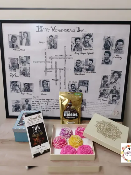 A large-scale 23x28 inch black and white frame created for 'Vijayendrians Day'. It features sketches of the actor's various characters and a custom crossword puzzle with his show names.