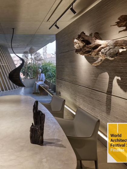 It was an honor to be a finalist at the World Architecture Festival 2023 for our design studio. This image, part of our presentation, shows the conference area where raw materials and sculptural forms create a unique and inspiring workspace.
