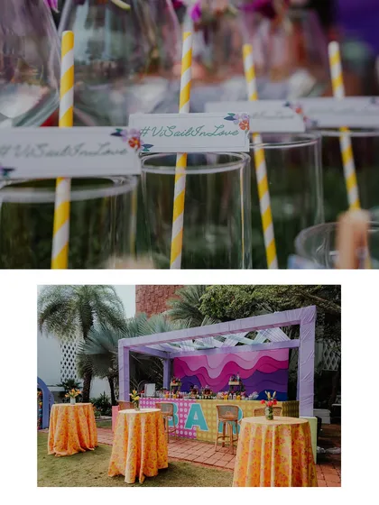 Details from a carnival-themed party in Goa, including a colorful bar setup and personalized drink stirrers.
