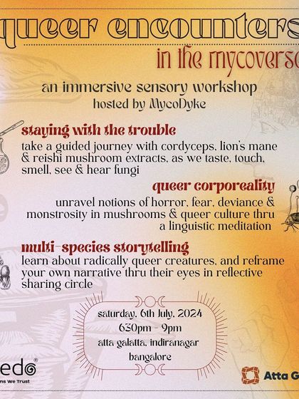 Poster for 'Queer Encounters in the Mycoverse', an immersive sensory workshop on fungi and queerness.