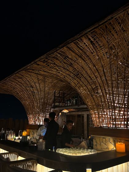 The stunning bohemian-inspired bar at Tahia, Noida. This shot focuses on the unique and beautiful architecture of the space.