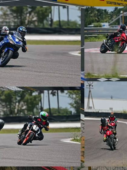 A collage of action shots from a track day, featuring riders on different types of bikes learning together. Our school is open to all enthusiasts.