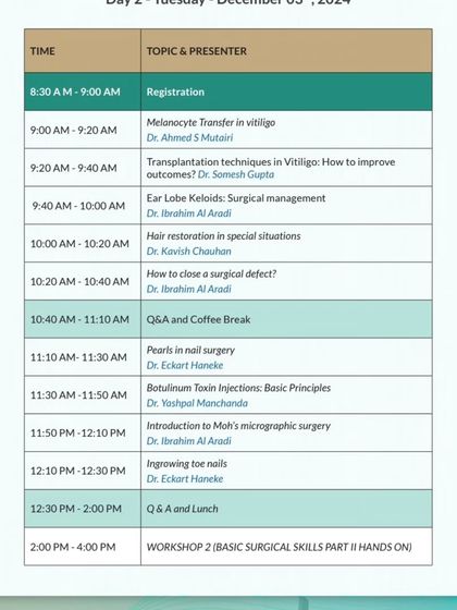 Day 2 schedule for the Kuwait workshop, including my lecture on hair restoration in special situations.