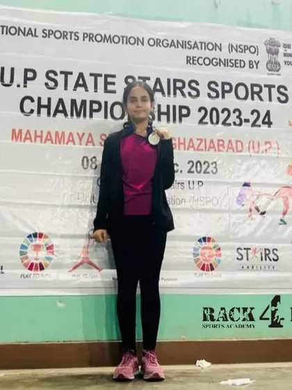 We congratulate Aadhya Sharma for clinching the silver medal in the Under-14 girls category at the UP State Stairs Badminton Championship. A remarkable accomplishment representing our academy with distinction.