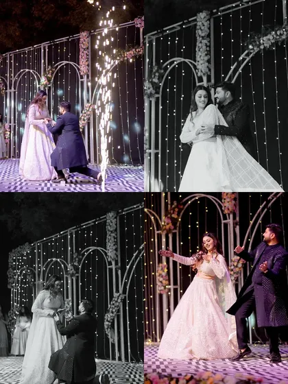 A collage capturing the magic of a Sangeet night. From the groom's proposal on stage to the couple's first dance, these photos tell the story of a romantic and celebratory evening.