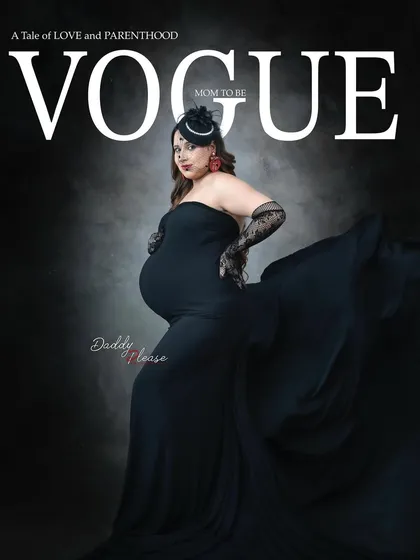 A glamorous, Vogue-inspired "Mom to be" magazine cover. The expectant mother looks stunning in a flowing black gown, complete with elegant gloves and a fascinator hat.