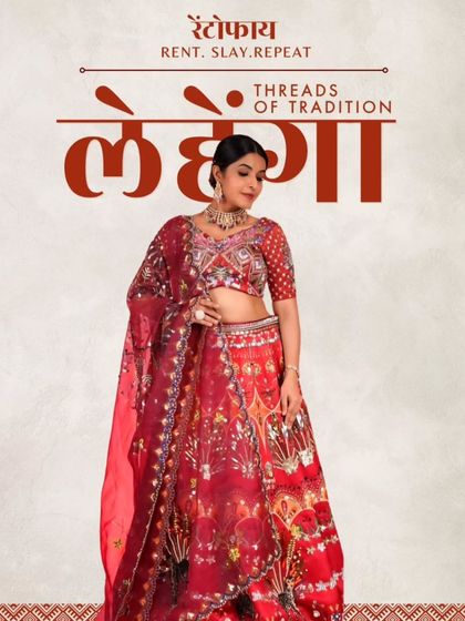 A graphic featuring a stunning red lehenga, highlighting the threads of tradition in our collection.