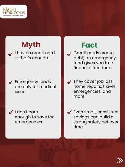 Another "Myth vs. Fact" slide about emergency funds. We debunk the ideas that a credit card is enough or that funds are only for medical issues, clarifying that an emergency fund provides true financial freedom for various unexpected events.