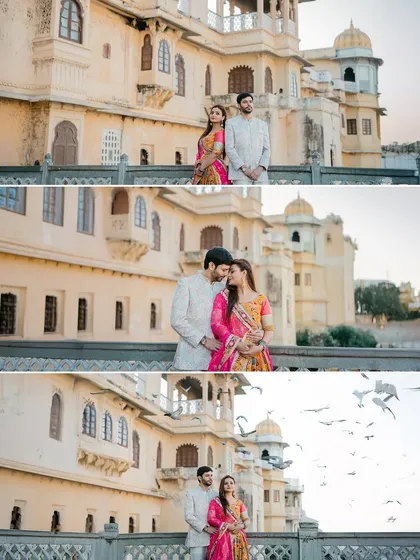 A series of three images from a royal Udaipur shoot, showing a range of poses from formal portraits to a magical moment with flying pigeons.