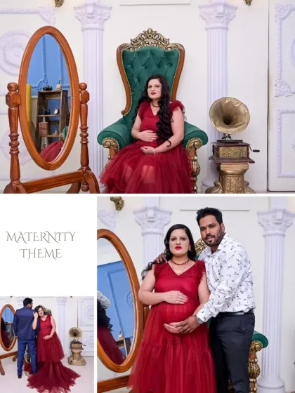 A collage showcasing our "Maternity Theme" with a focus on the royal setup. It combines a regal solo portrait on the throne with a beautiful couple's shot, highlighting the versatility of this theme.