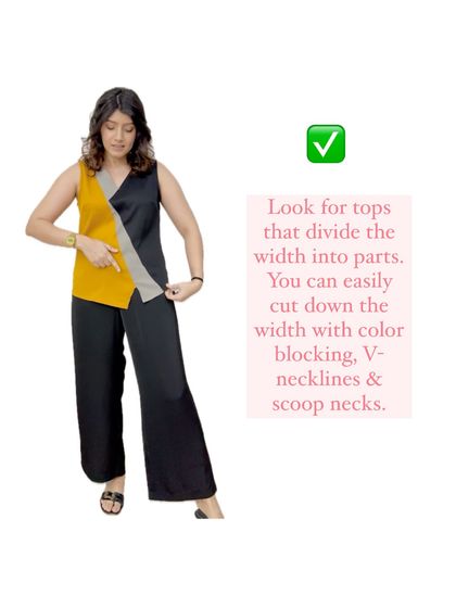 The solution for a heavy bust: look for tops that divide the width. This color-blocked, V-neck top is a perfect example of how to visually break up the upper body and create a more streamlined look.