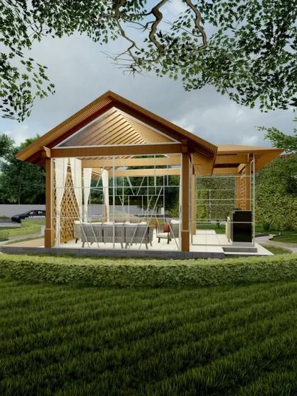 A 3D render of a gazebo, meticulously crafted with every detail considered. The lush greenery embraces this architectural gem, echoing the harmony between structure and surroundings.