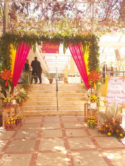 The entrance to a Haldi ceremony, decorated with yellow and pink drapes and lush greenery. The setup creates a warm and inviting welcome for all the guests.