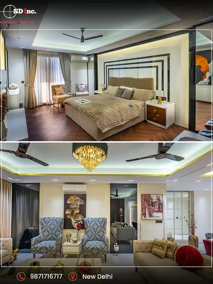 More views from the Rajouri Garden project, showing a luxurious bedroom and a seating area with patterned accent chairs. The design is cohesive yet each space has its own character.