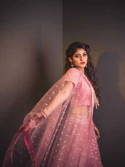 Movement and grace in a fashion portrait. I captured the model as she moved, letting the sheer, dotted dupatta flow around her to add a sense of motion and softness to the image.