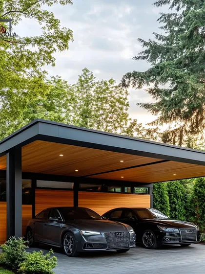 A premium, modern carport designed to complement a luxury home. The structure features a solid roof with a wood-paneled ceiling and integrated lighting, protecting vehicles while enhancing the property's exterior.