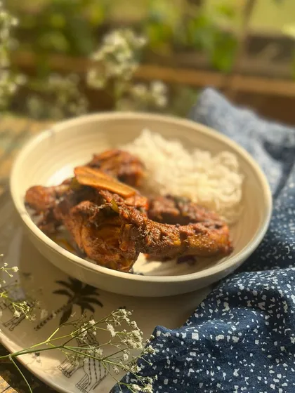 Bring the warmth of Kerala to your Christmas table with my Kuttanad Duck Olarthu. Tender duck, slow-cooked in a symphony of traditional spices, served here with delicate Idiyappam (string hoppers).