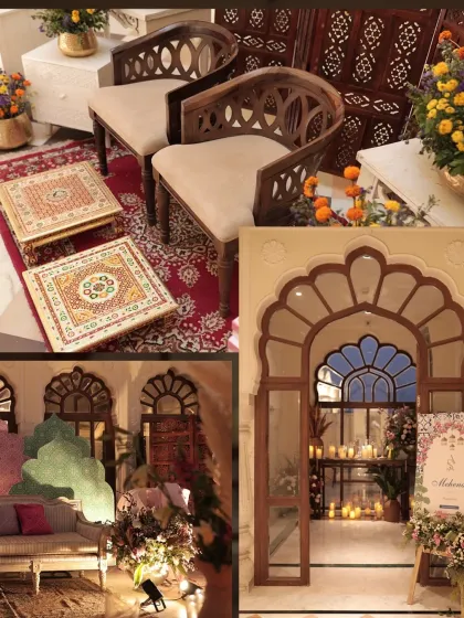 A collage of a dreamy Mehendi ceremony at Hyatt Regency Jaipur. I used rose petals, soft candlelight, and blush florals to create a romantic and intimate atmosphere.